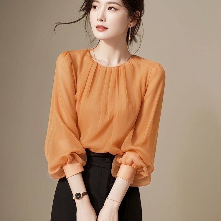Early Autumn French High-End Super Nice Loose Chiffon Pullover Long Sleeve Shirt Women's Top Blouse