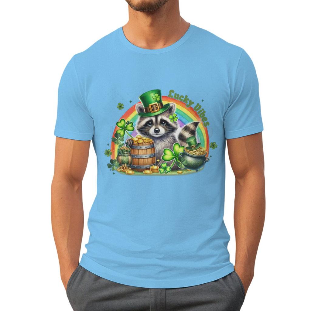 St Patricks Day Raccoon Shirt Lucky Vibes Short Sleeve Round Neck Tee Cartoon Lucky Raccoon St Patricks Day Unisex TShirt
