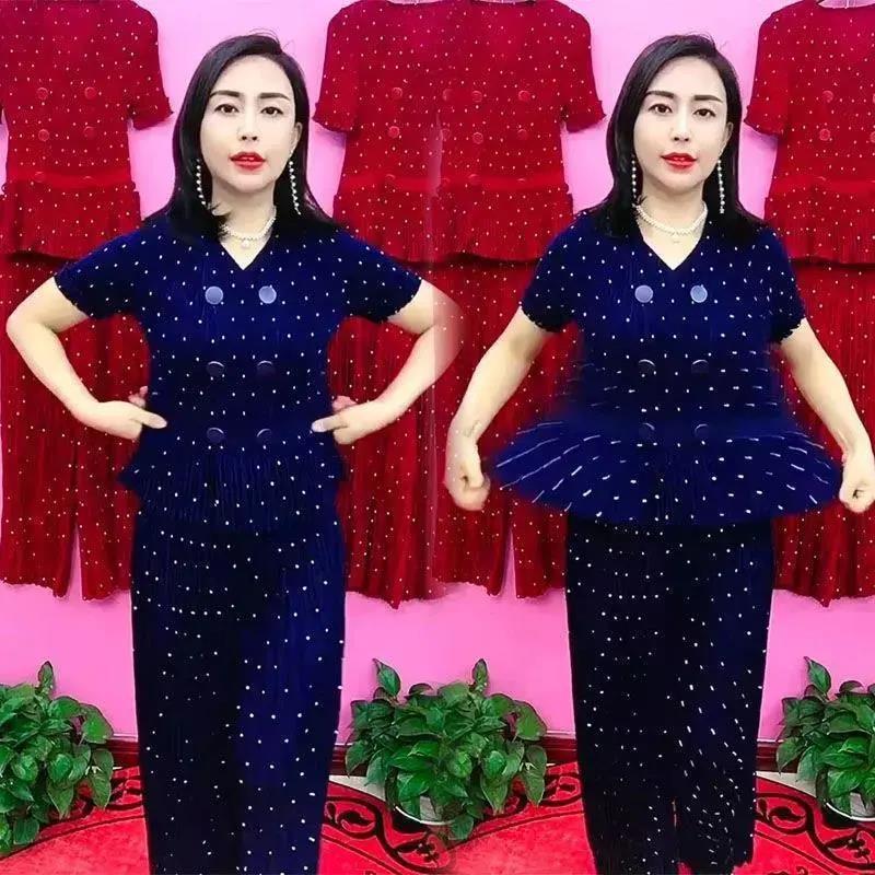 

Летний костюм-двойка в стиле светской львицы 2025 для женщин среднего возраста 4XL синий