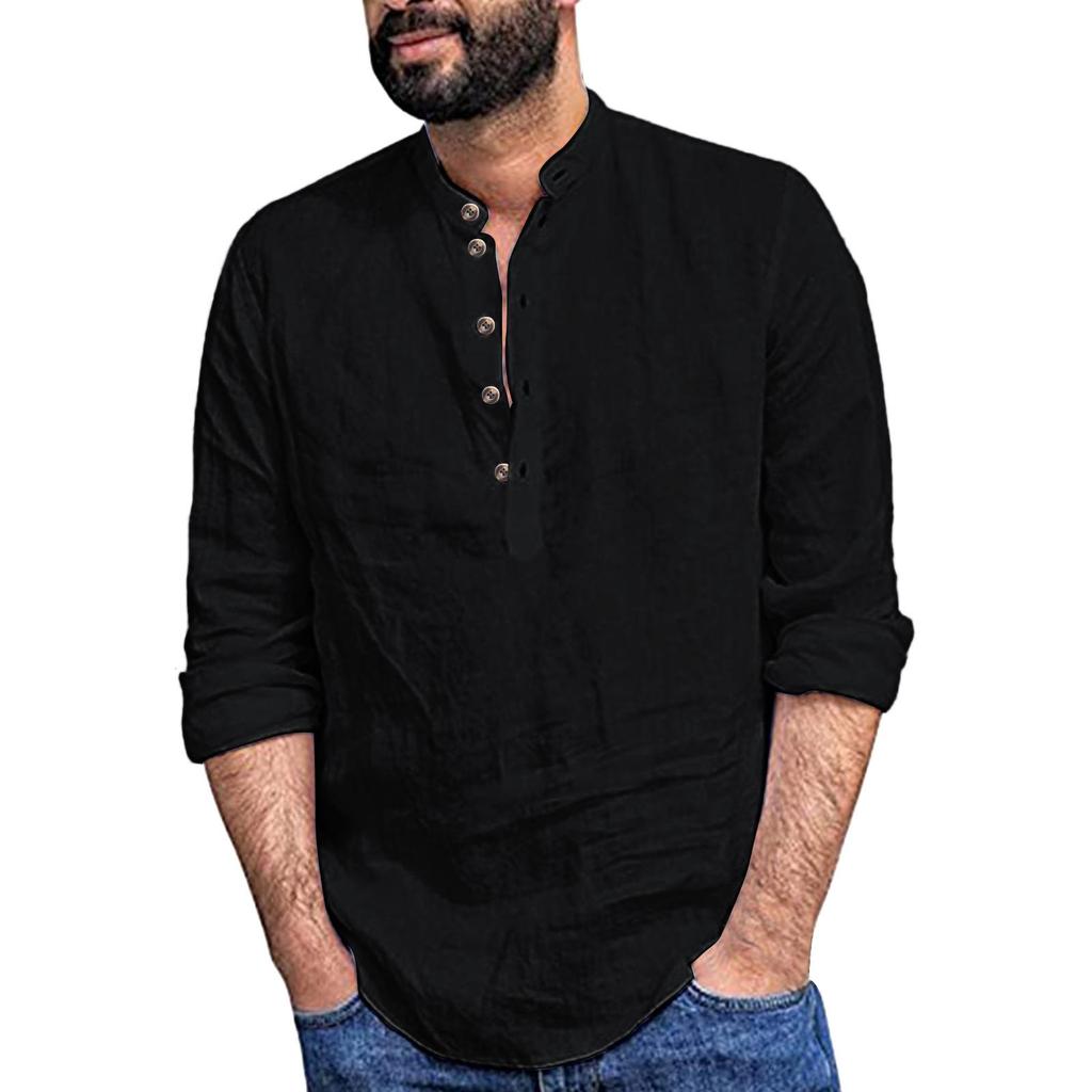 Men's Long Sleeve Loose Casual Standing Collar Shirt Solid Color Pullover Top