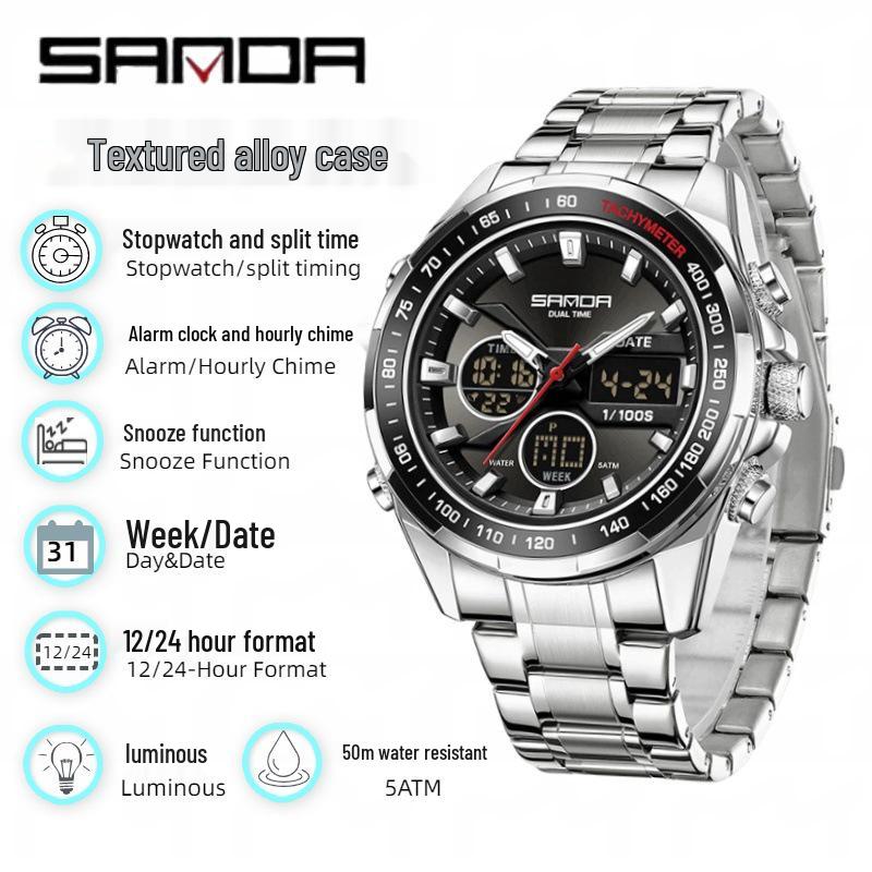 Sanda Men's Waterproof Dual Display Multi-Function Watch with Timer, Snooze, and Night Light.