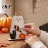 Small Ghost Statues for Shelves Halloween Table Ornament, 2D Wooden Figurine with Cute Tiered Tray Decor Pumpkin/Black Cat/Broom Home Office
