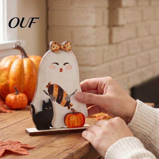 Small Ghost Statues for Shelves Halloween Table Ornament, 2D Wooden Figurine with Cute Tiered Tray Decor Pumpkin/Black Cat/Broom Home Office