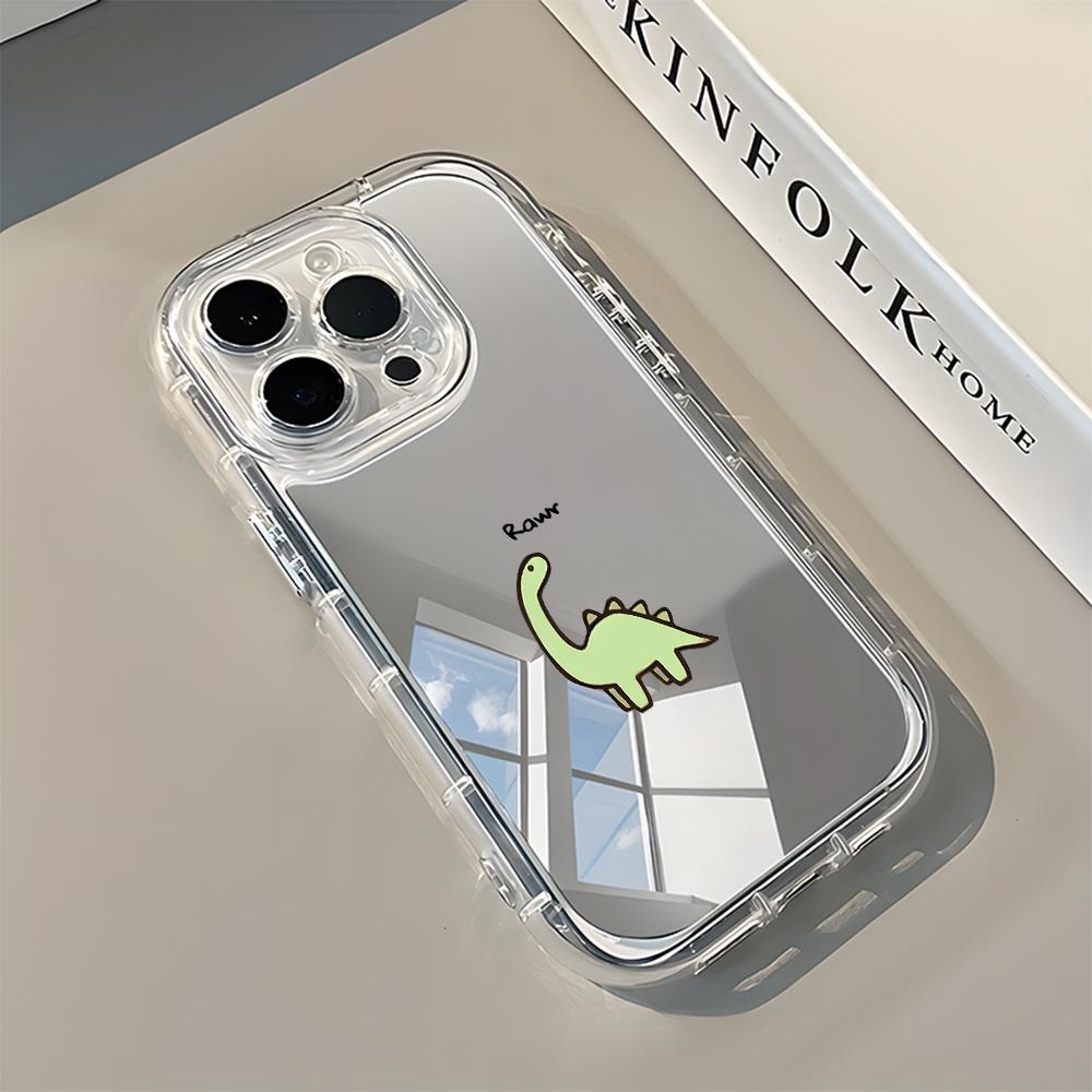 Cute Green Dinosaur Pattern Back Mirror Phone Case For iPhone 17 16 15 Pro 14 13 12 11 Pro Max 7 8 Plus Air X XR XS Soft Cover