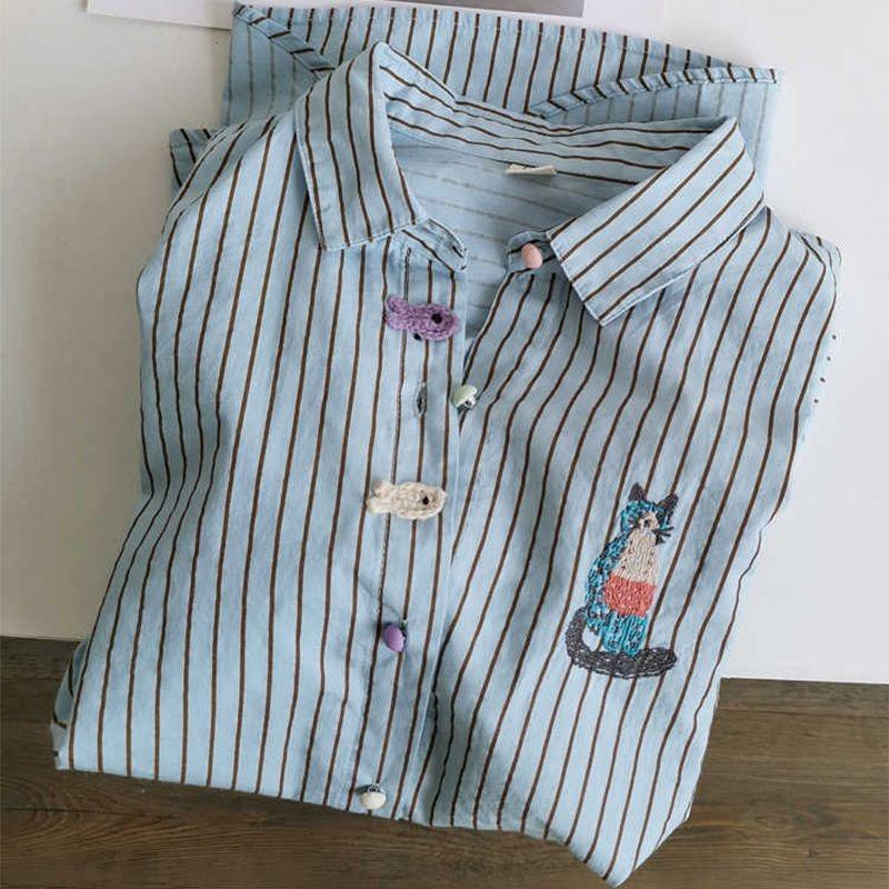 

Embroidered Korean Vertical Striped Cotton Long-sleeved Design Versatile Shirt Women Autumn New S синий