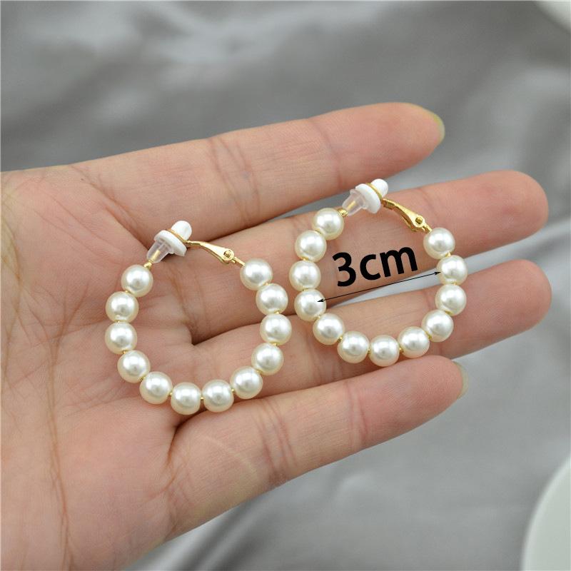 Fashion Exaggerated White Pearl Clip on Earrings Non Pierced for Women Elegant Large Trend Circle Hoop Earrings Party Jewelry