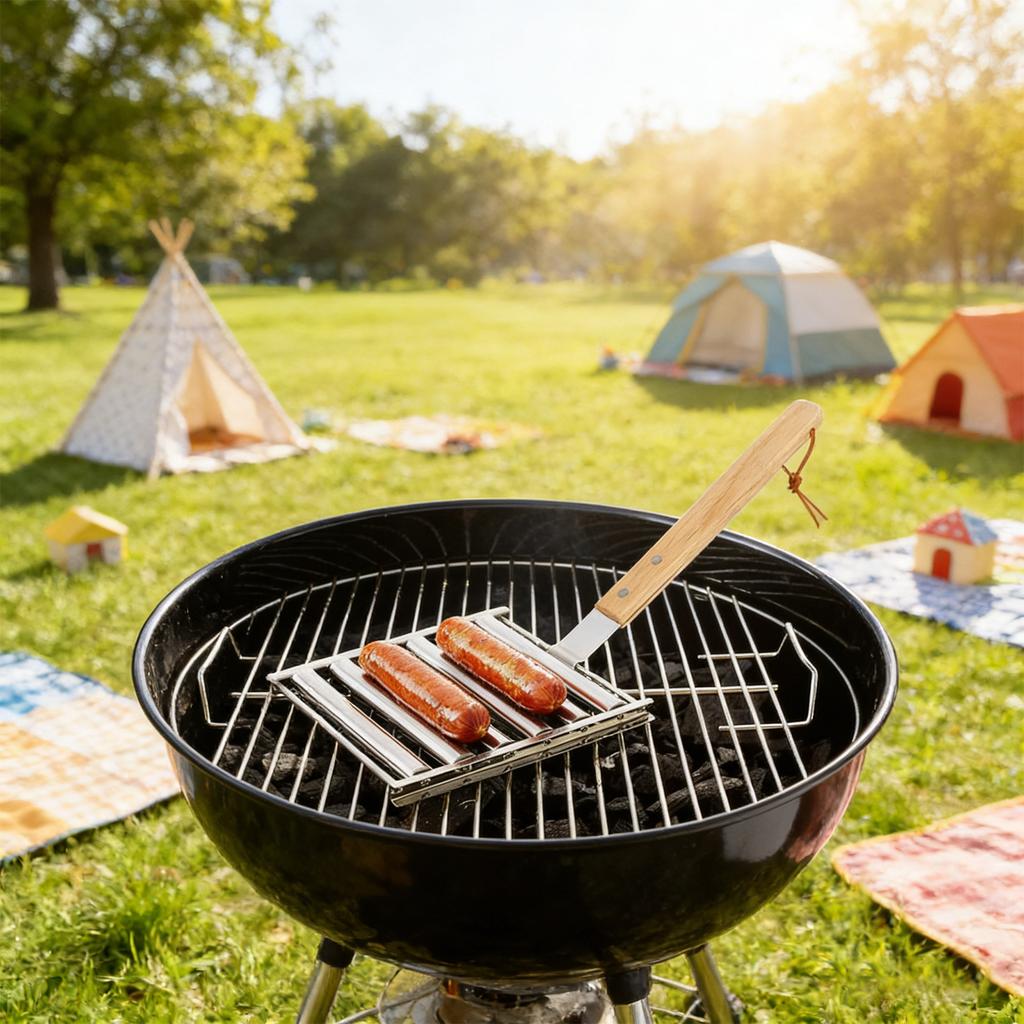 Hot Dog Roller Sausage Rack With Extra-long Wooden Handle, Roasting, Suitable For Evenly Cooked Food
