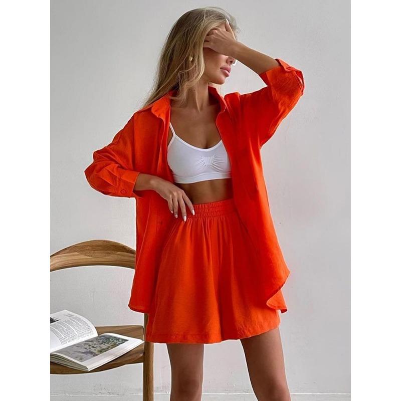 Fashion Long Sleeve Shirt and Loose Wide Leg Shorts Sets Women Buttons Spring Autumn Elastic Waist Casual Shorts Suit Outfits Elegant Clothes 1083