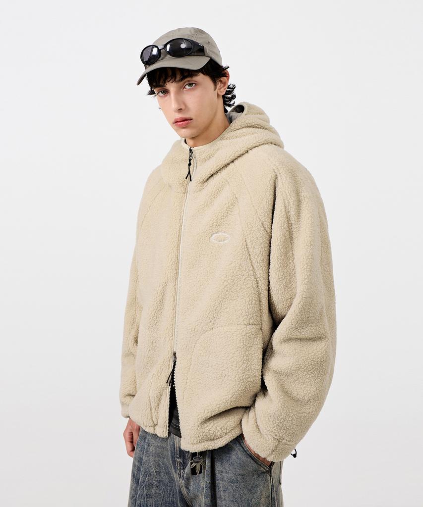 Dimitri Black Balaclava Slash Hood Zip-Up_Sherpa Fleece Beige