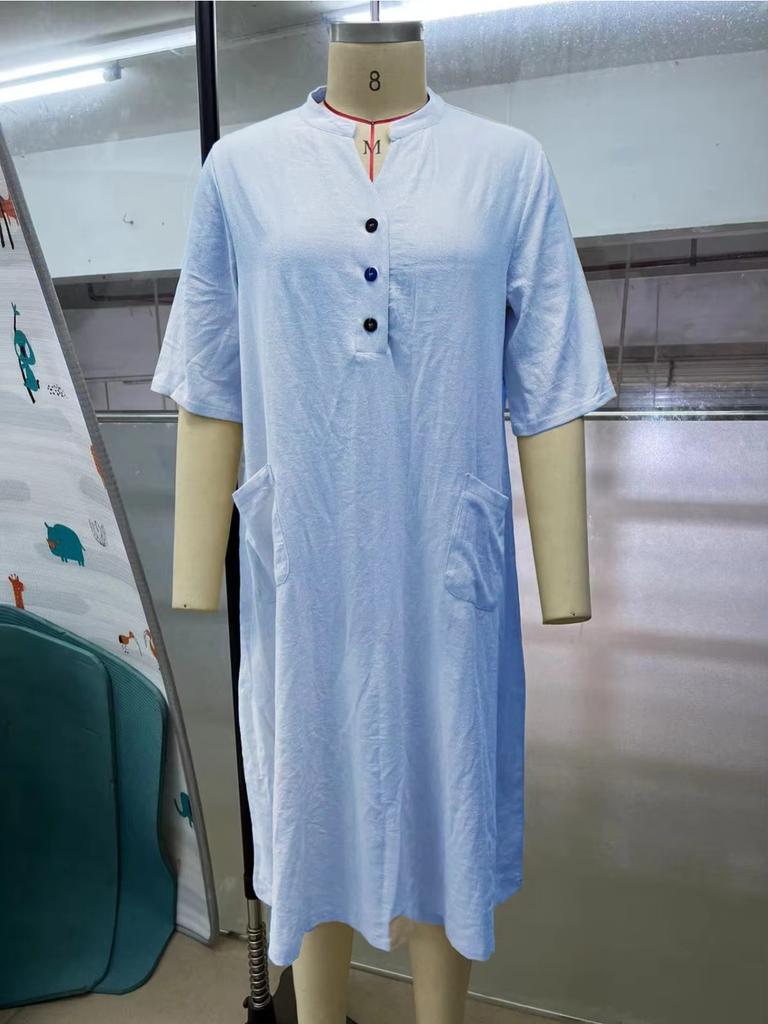 Modisches, einfarbiges Damenkleid, mittellang, V-Ausschnitt, halbärmelig, Alltagskleidung, Damenkleid mit Taschen