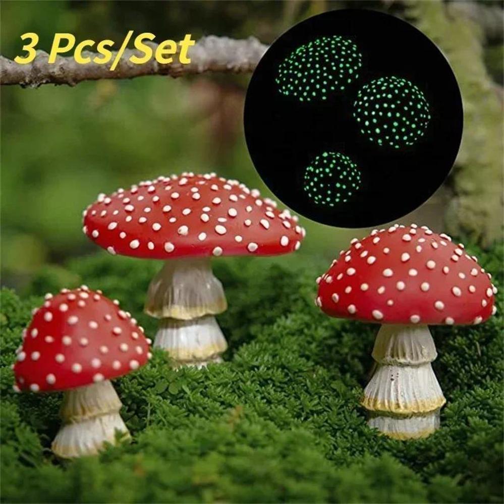 3 Pack Fairy Garden Micro Mini Mushroom Garden Decoration Resin Mushroom Glow In The Dark Craft Landscape Mushroom Statue