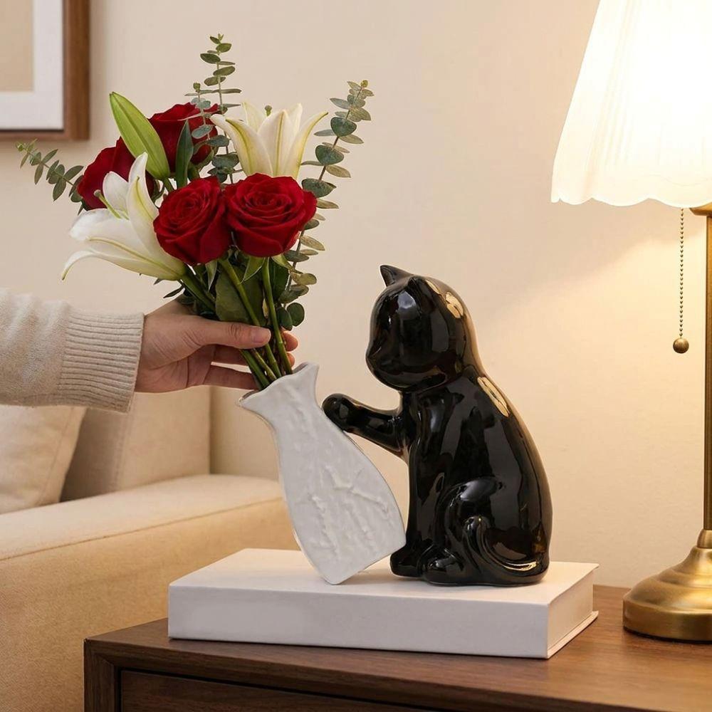 Cat Statue Cat Pushing Vase Unique Flower Holder Kitten with Tilted Flower Vase  Home Decor