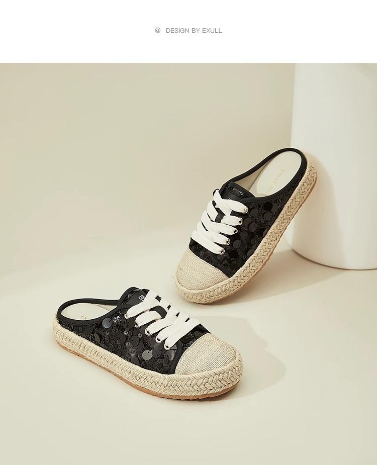 Fashion sequined bag head half slippers women's 2025 summer new thick-soled straw rope fisherman shoes without heel sandals