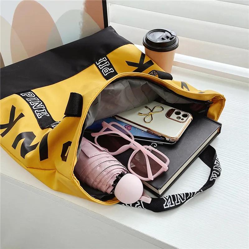 Colorblock Pink Letter Graphic Tote Handbags Woman Shoulder Bags Casual Sports Fitness Tote Bag Women Handbag Nylon Fabric