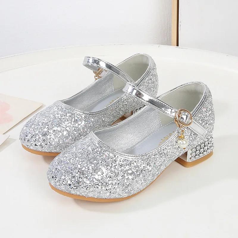 Princess Girls High Heels Spring Autumn Children Wedding Dress Leather Shoes Causal Versatile Glitter Sequins Kids Single Shoes