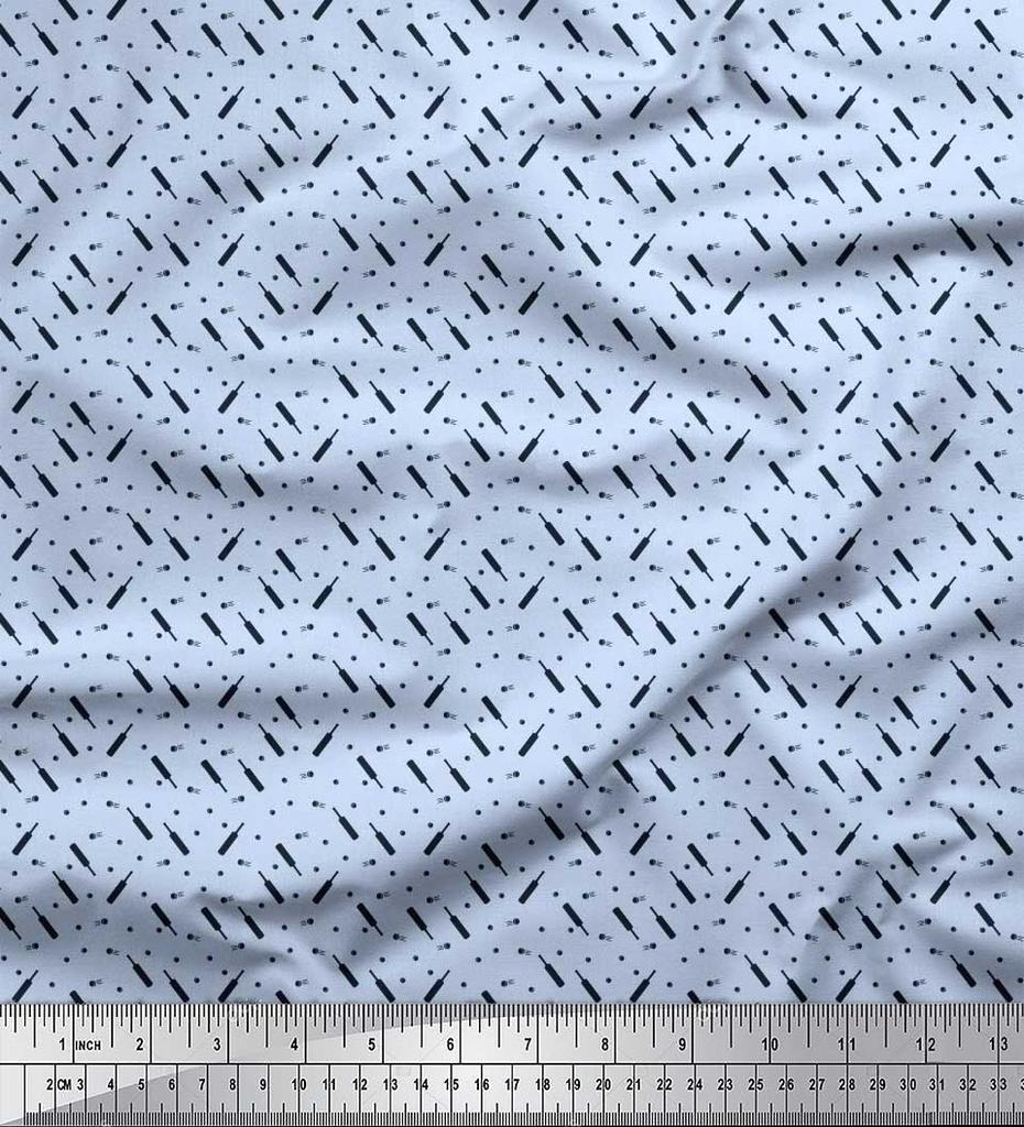 Soimoi Japan Crepe Satin Fabric Cricket Bat & Ball Shirting Print Sewing Fabric metre 42 Inch