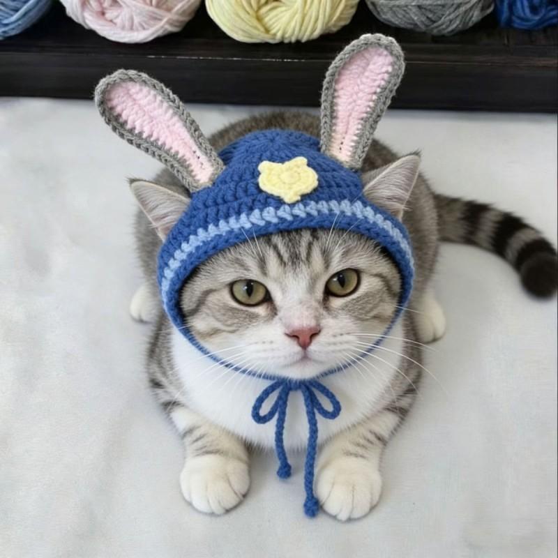 Handgehäkelte Katzenmütze Kaninchen Polizist Cosplay Kostüm Kleine Katzen Welpen Tragen