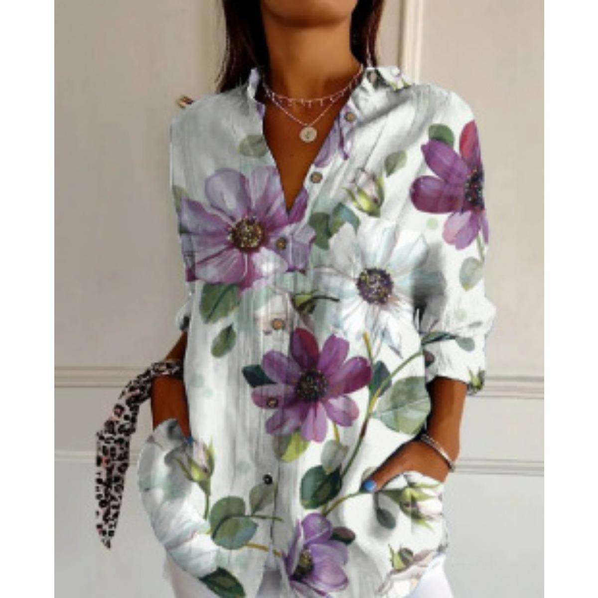 

Жіноча, Повсякденна, З довгим рукавом, Сорочка на ґудзиках, Квітковий принт, Можна прати в машині, Повсякденний, Вільний крій M