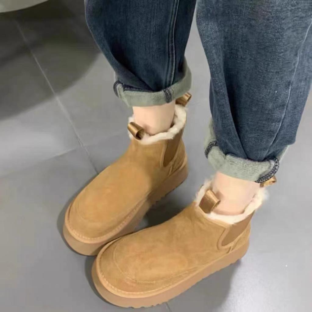 European station 2025 winter leather heightened platform snow boots women's versatile casual sheepskin fur integrated thermal cotton shoes