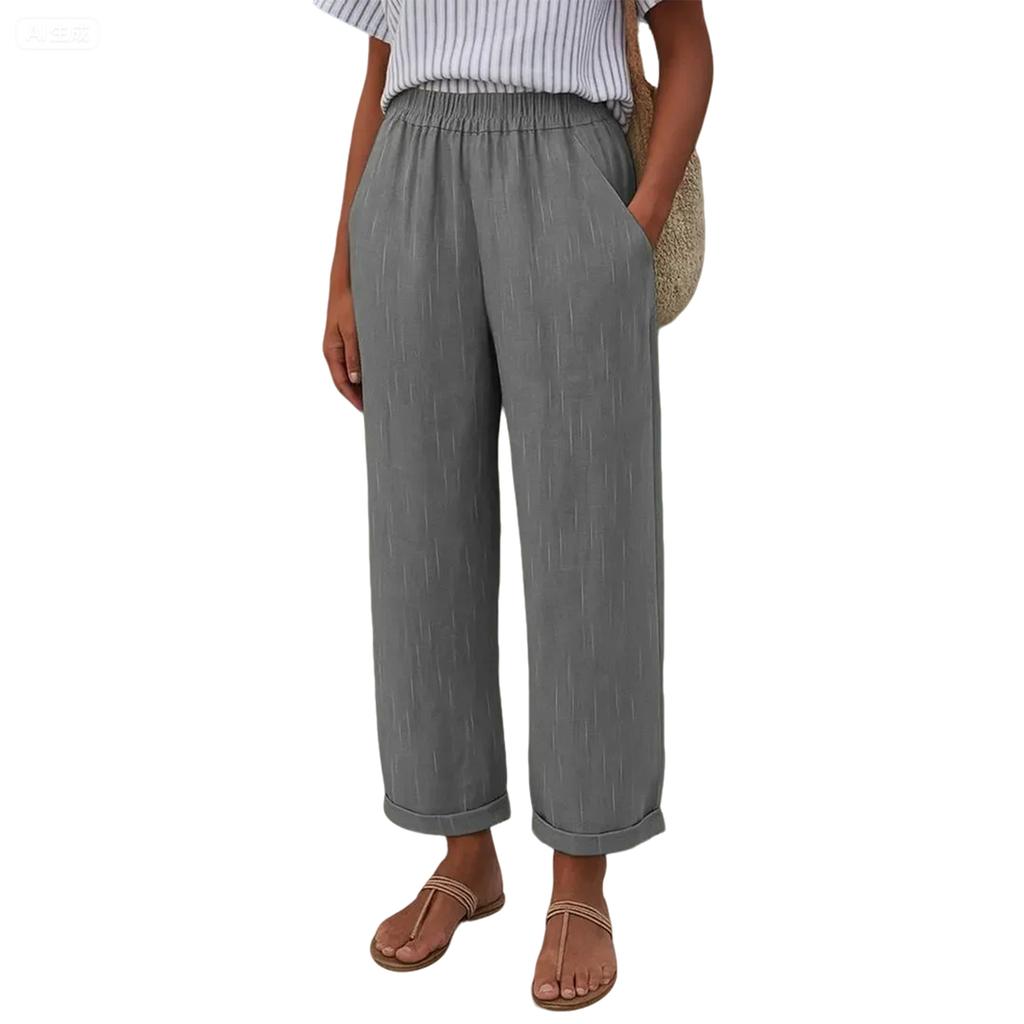 Women's  Fashionable Loose Solid Color Elastic Waist Pocket Straight Leg Casual Pants