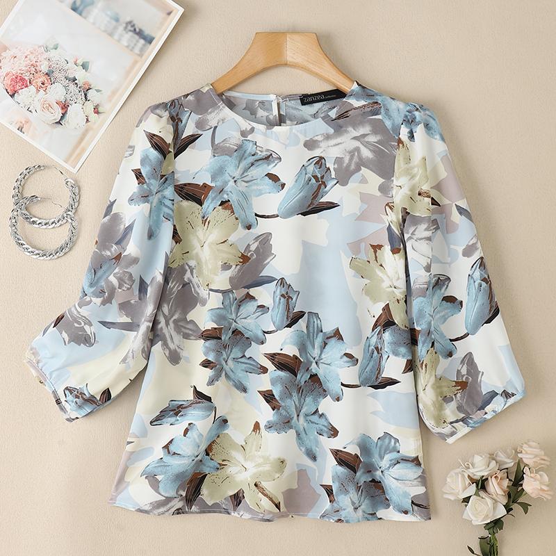 ZANZEA Women Summer Round Neck 3/4 Sleeve Loose Print Blouse