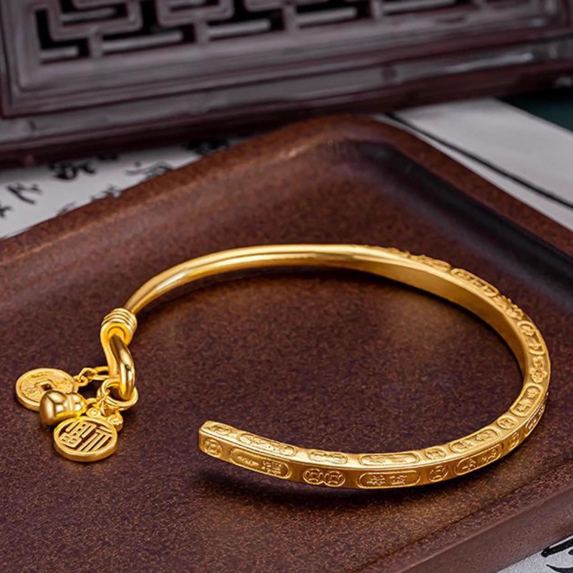 Винтажный открытый браслет-манжета с иероглифом Фу и тыквой: Женский браслет в китайском стиле Sand Gold Fu Lu