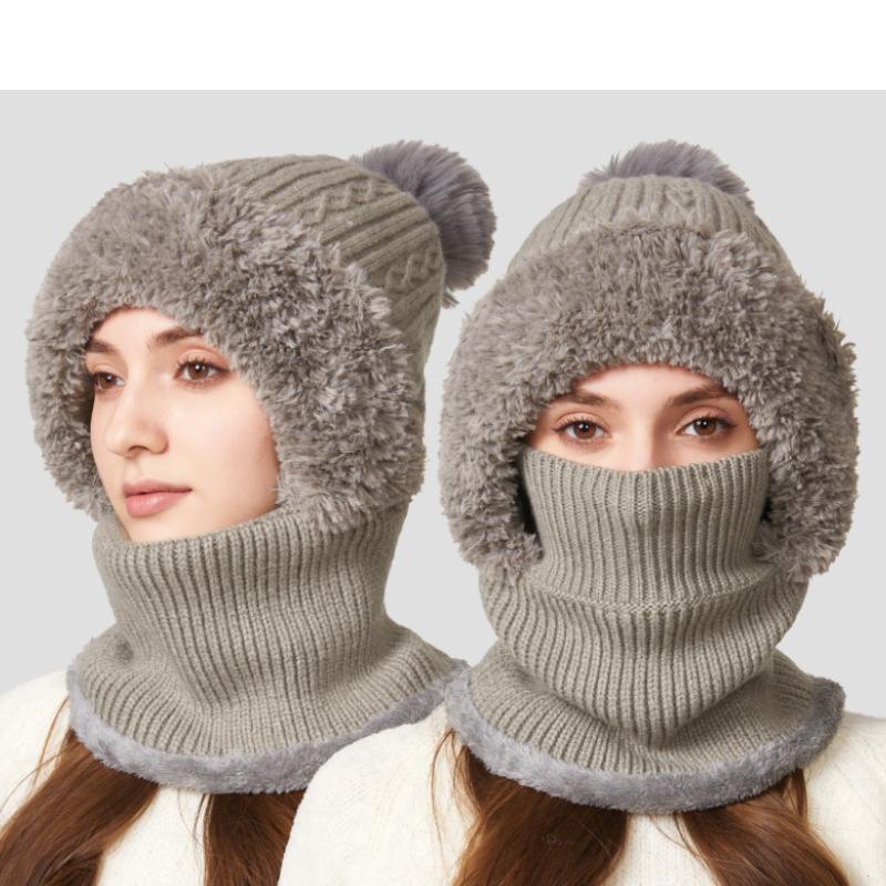High Stretch Solid Color Knitted Mask Scarf All-In-One Hat Women's Winter Cycling Windproof Warm Hat