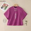 ZANZEA Women Stand Collar Casual 3/4 Sleeve Embroidery Print Loose Blouse