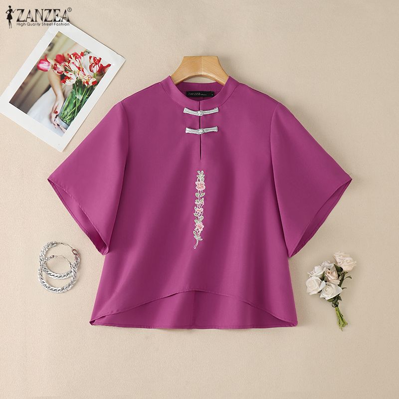 ZANZEA Women Stand Collar Casual 3/4 Sleeve Embroidery Print Loose Blouse