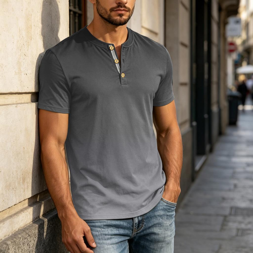 Men's Short Sleeve Henley Shirt Casual Button Up Top Lightweight Breathable Cotton Blend Summer Tee