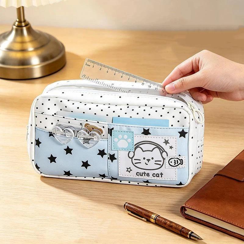 Cat Pattern Pencil Case With Blue Polka Dot Design Pencil Bag For Students School Supplies Multi-Layer Large Capacity Pen Bag