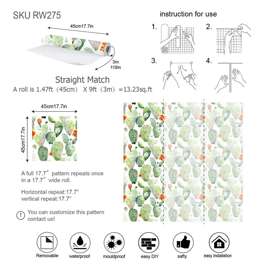 1pc Watercolor Cactus & Green White Floral Peel And Stick Removable Wallpaper Self-Adhesive for Bedroom Home Decor