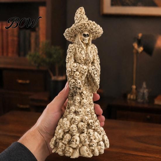 Outdoor Haunted House Prop Skeleton Witch Resin Figurine, Halloween Gothic Skull Statue, Spooky Dark Atmosphere Party Decor Fantasy Ornament for