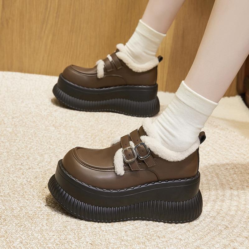 

Fujin 8,5 см кожаные туфли-лодочки на танкетке из микрофибры, теплые брендовые зимние ботильоны с пряжкой на платформе, женские лоферы 39 коричневый
