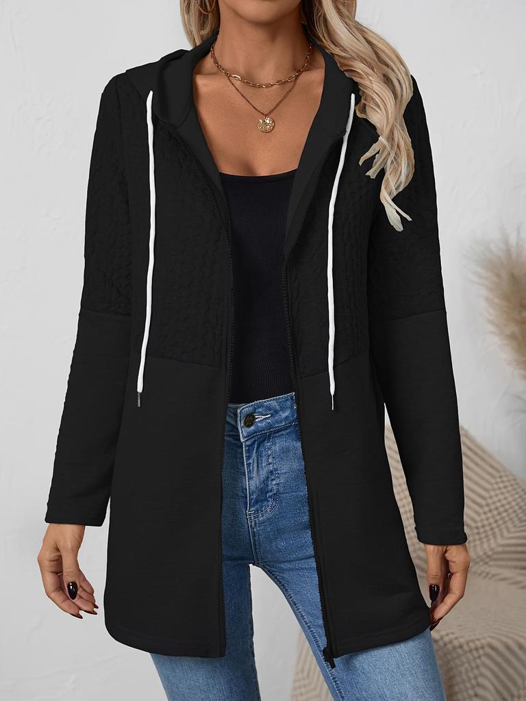 2025 Women's Autumn and Winter Solid Color Corrugated Pocket Stitching Casual Loose Women's Hooded Jacket