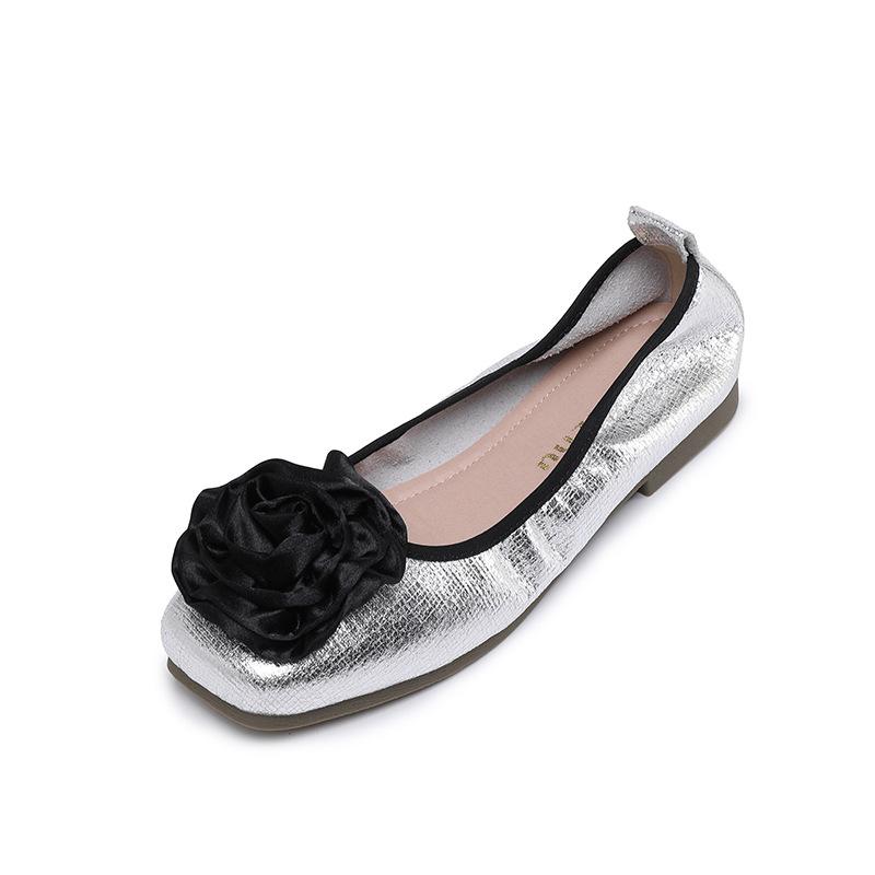 Fashion Rose Flower Ballet Flats Women Silver Sequines Cloth Foldable Shoes 35-43 Big Size Floral Loafers Elastic Band Slip On Loafers