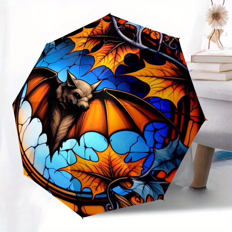Stained Bat Wall Art: Vibrant Autumn DesignUmbrella, Portable 3-Fold Compact Umbrella for Men & Women Gift