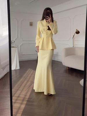 Ensemble élégant rétro pour femmes printemps 2025, haut à manches longues et jupe de couleur unie