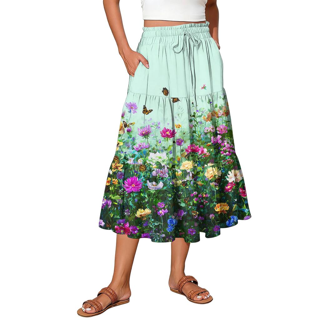 Maxirock für Damen mit Kordelzug, hohe Taille, lange Sommerröcke, leicht, gestuft, fließend, geblümt, Faltenröcke