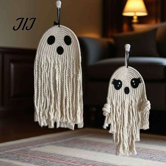 Artistic Hanging Decorations Handmade Cotton Rope Ghost Ornament for Halloween, Indoor Outdoor Seasonal Event Background Decor Pendent Front
