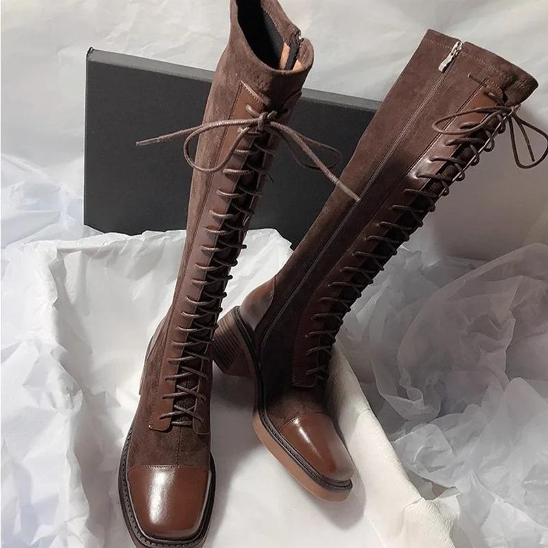 Women's Knee-high Boots High Quality Suede Leather Boot Lace Up Slim Long Tube Boots Knee-high Chelsea Boot Women Fashion Boots