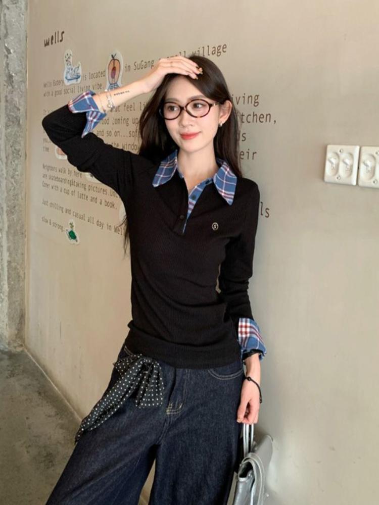 Harajuku Podzimní Falešné Dvoudílné Košile Dámské Polo Límec Elegantní Dlouhý Rukáv Štíhlé Topy Korea Chic Kostkovaná Ležérní Tričko Zima