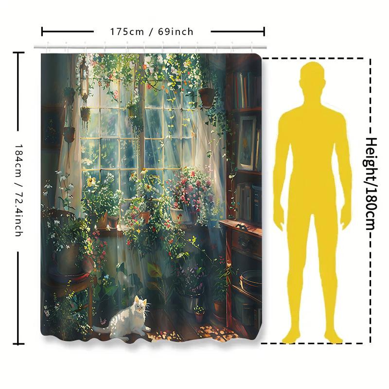 Sunny Bathroom Decor With Cat And Plants Shower Curtain - Artistic And Refreshing Home Decor For Stylish Home Upgrade Easy-Clean