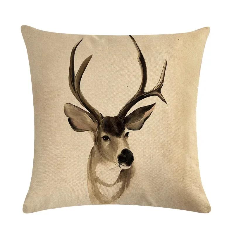 Nordic Cartoon Moose Art Oil Painting Linen Cushion Cover Living Room Sofa Car Decoration Furniture Pillow Cover 45*45Cm
