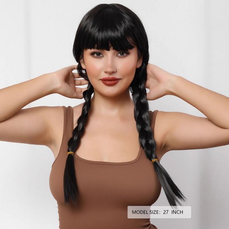 Halloween Cosplay Wig Long Black Bangs Double Braids Anime Costume Women