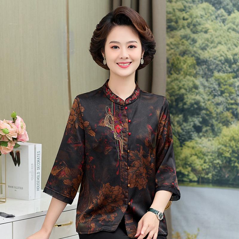 

Mom s Stylish Seven-Sleeve Xiangyun Silk Shirt - Perfect for Middle-Aged & Elderly during Spring & Summer XL (100-110 jin) чёрный