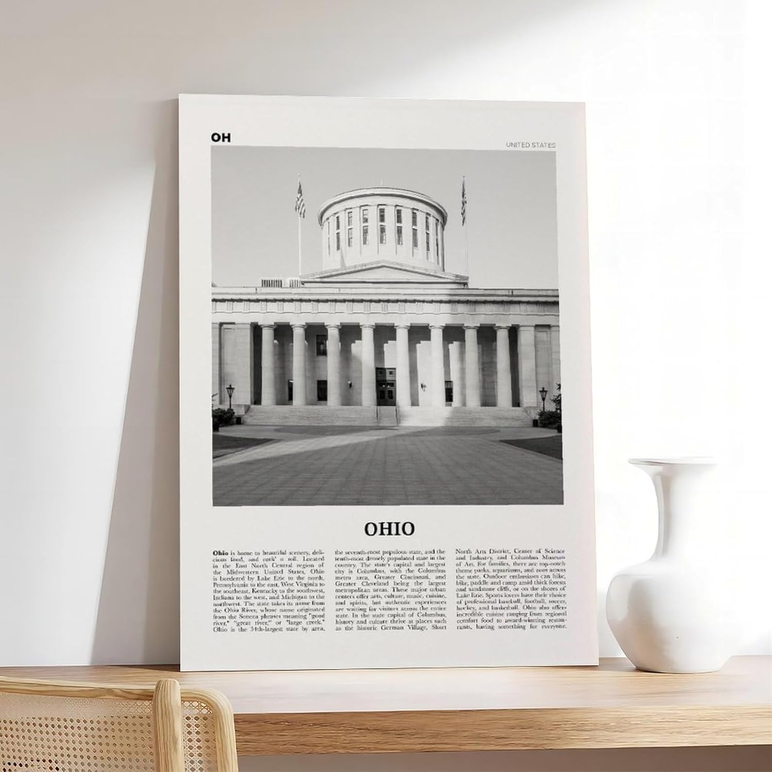 XIANF Ohio Print Black And White Capitol, Ohio Wall Art, Ohio Poster, Ohio Photo Print, Ohio Wall Decor, USA Canvas Poster Bedroom Room Office Decor