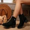 New Cow Suede Booties Fashion Round Toe Side Zipper Rhinestone Buckle Soft Sole Non-slip Wear-resistant Block Heel Shoes