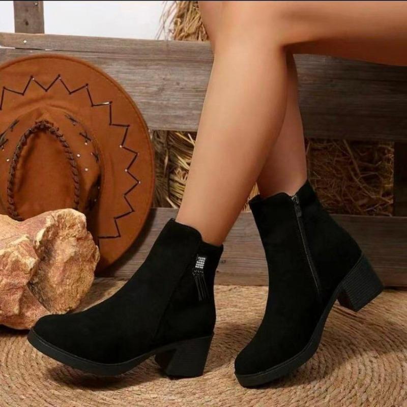 New Cow Suede Booties Fashion Round Toe Side Zipper Rhinestone Buckle Soft Sole Non-slip Wear-resistant Block Heel Shoes