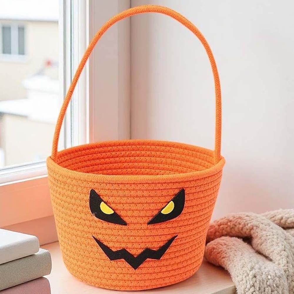 Braided Pumpkin Candy Bucket Orange Trick Treat Tote Kids Gift Hamper Woven Storage Pouch Teachers